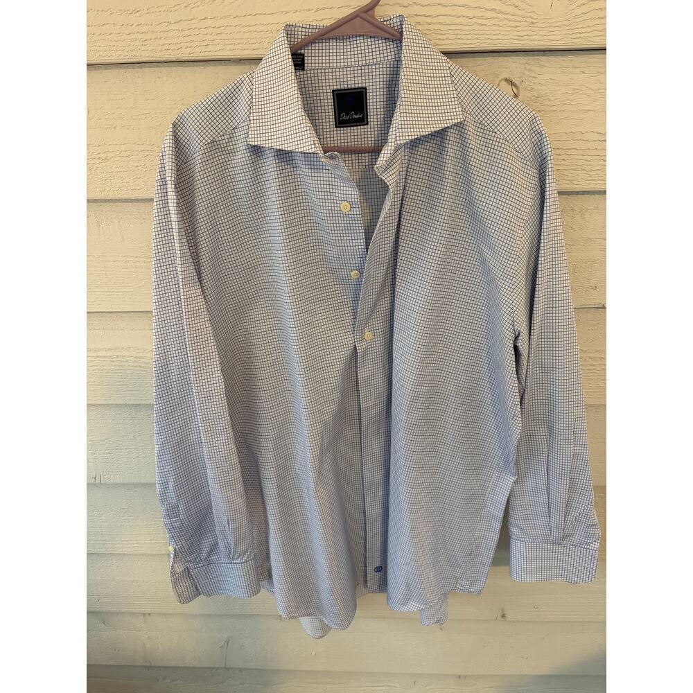 David Donahue Blue Check Dress Shirt 17.5 34/35 100% Cotton Button Down - Picture 2 of 7